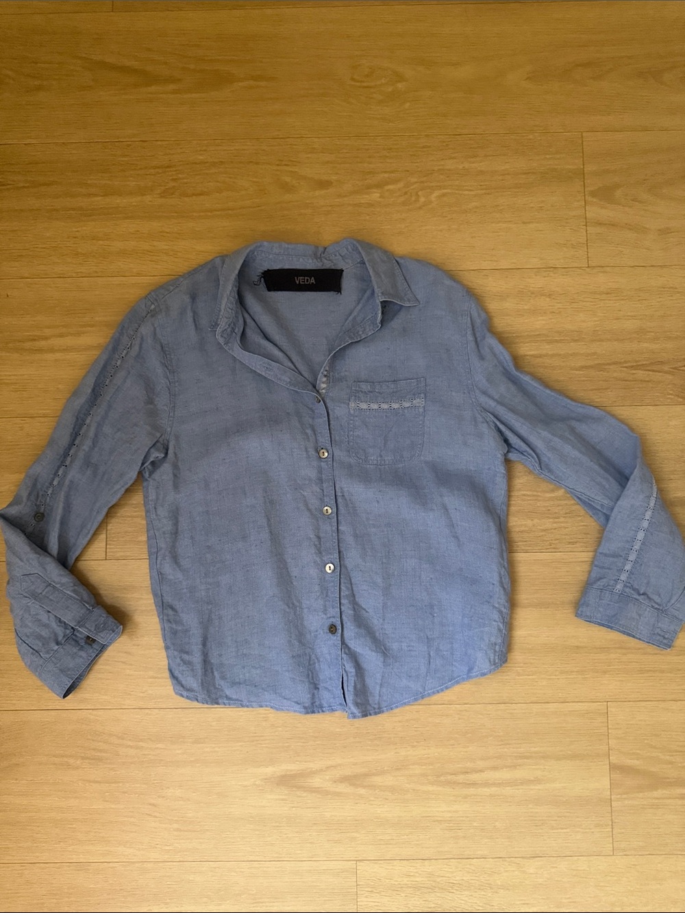 Veda Chambray Blue Linen-Like Button-Front Shirt with Open Back + Lace Detail